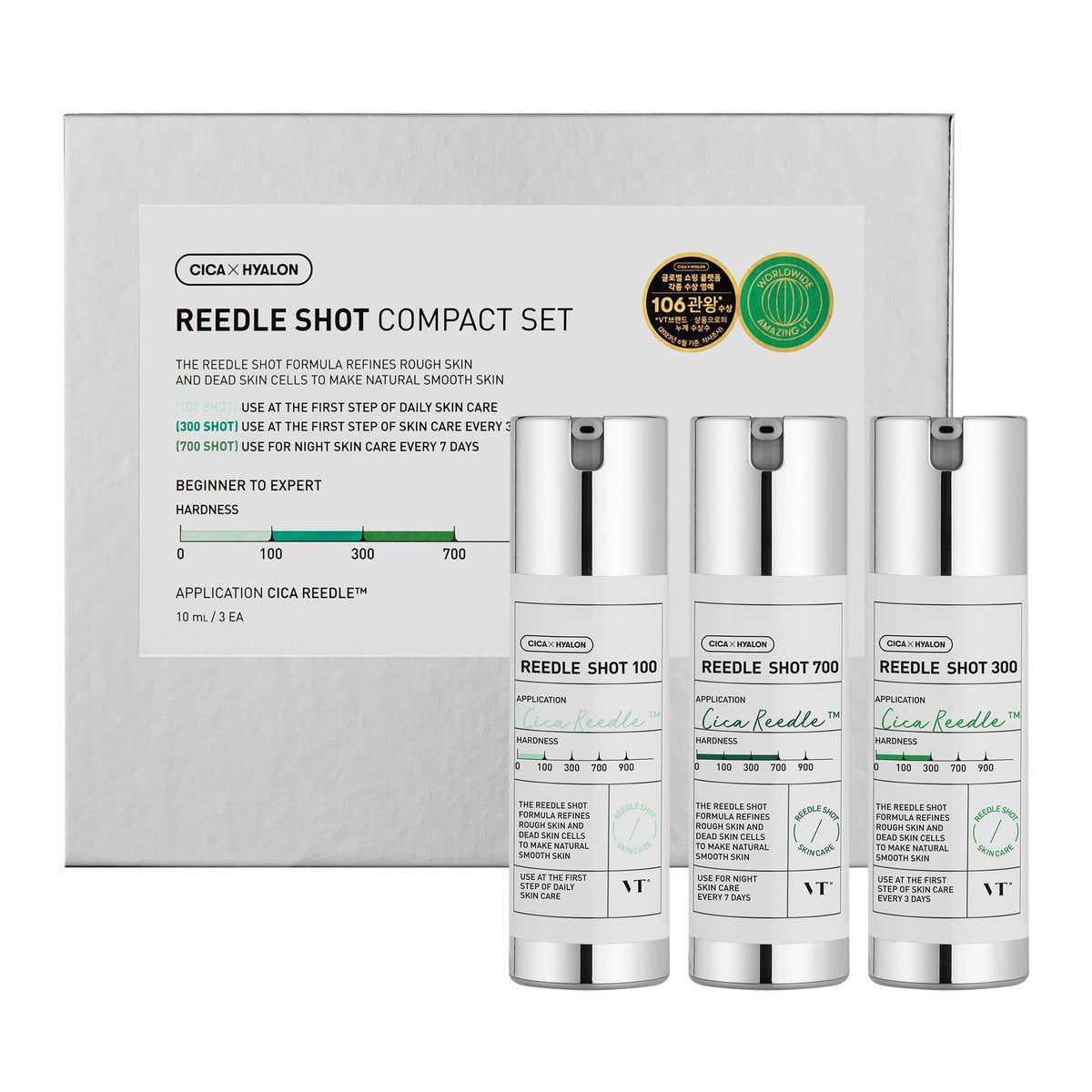 VT COSMETICS Reedle Shot Compact Set - Microneedling Serum Gift Set with Reedle Shot 100, 300, 700 (0.34 oz / 10ml each) for Exfoliating & Anti-Aging, Travel Size Skincare for Glass Skin Avelisse