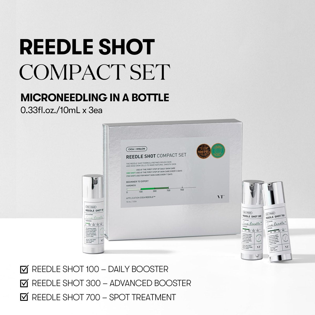 VT COSMETICS Reedle Shot Compact Set - Microneedling Serum Gift Set with Reedle Shot 100, 300, 700 (0.34 oz / 10ml each) for Exfoliating & Anti-Aging, Travel Size Skincare for Glass Skin Avelisse