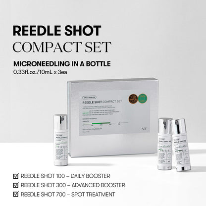 VT COSMETICS Reedle Shot Compact Set - Microneedling Serum Gift Set with Reedle Shot 100, 300, 700 (0.34 oz / 10ml each) for Exfoliating & Anti-Aging, Travel Size Skincare for Glass Skin Avelisse