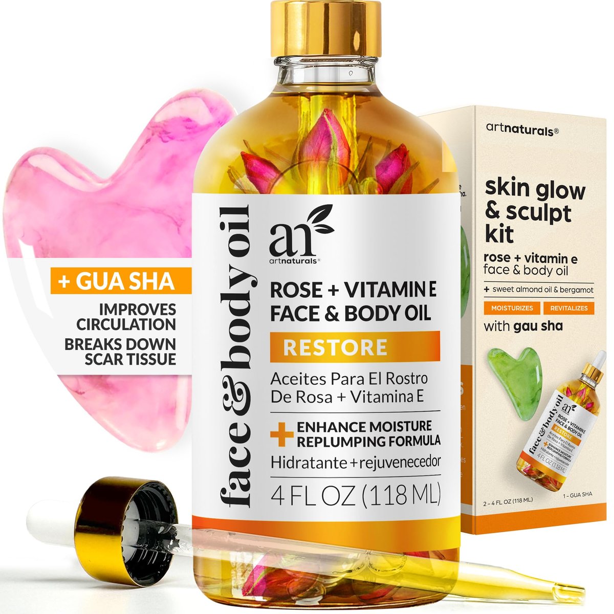 ArtNaturals Vitamin E Bio Oil 4oz + Gua Sha Facial Tools Set - Organic Face & Body Moisturizer for Scars, Stretch Marks, Cellulite & Nails Avelisse