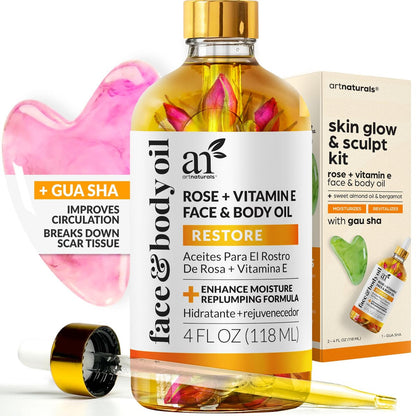 ArtNaturals Vitamin E Bio Oil 4oz + Gua Sha Facial Tools Set - Organic Face & Body Moisturizer for Scars, Stretch Marks, Cellulite & Nails Avelisse