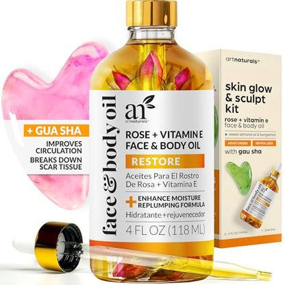 ArtNaturals Vitamin E Bio Oil 4oz + Gua Sha Facial Tools Set - Organic Face & Body Moisturizer for Scars, Stretch Marks, Cellulite & Nails Avelisse