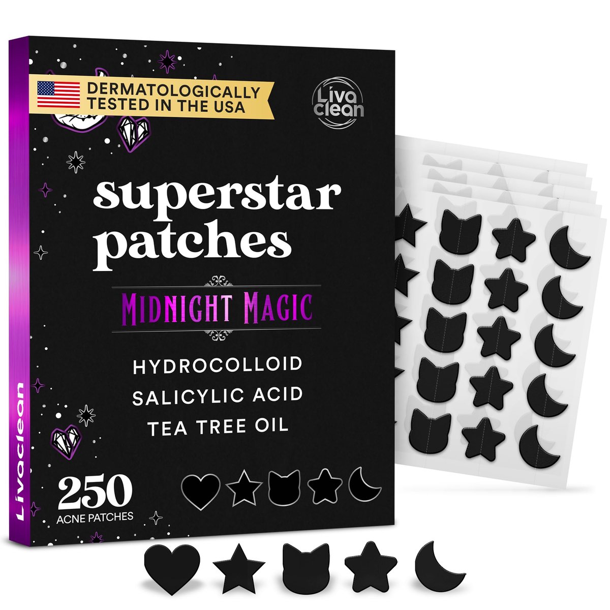LivaClean 250CT Black Star Pimple Patches for Face - Hello Kitty Pimple Patches Black with Salicylic Acid & Tea Tree Oil - Hydrocolloid Acne Patch, Cute Face Stickers, Zit Patch - görsel 1