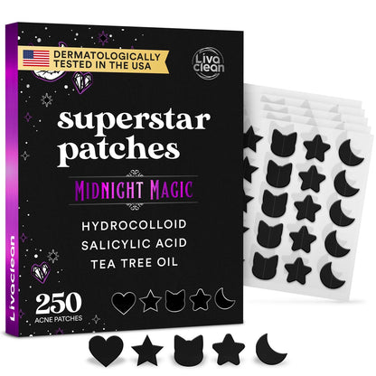 LivaClean 250CT Black Star Pimple Patches for Face - Hello Kitty Pimple Patches Black with Salicylic Acid & Tea Tree Oil - Hydrocolloid Acne Patch, Cute Face Stickers, Zit Patch
