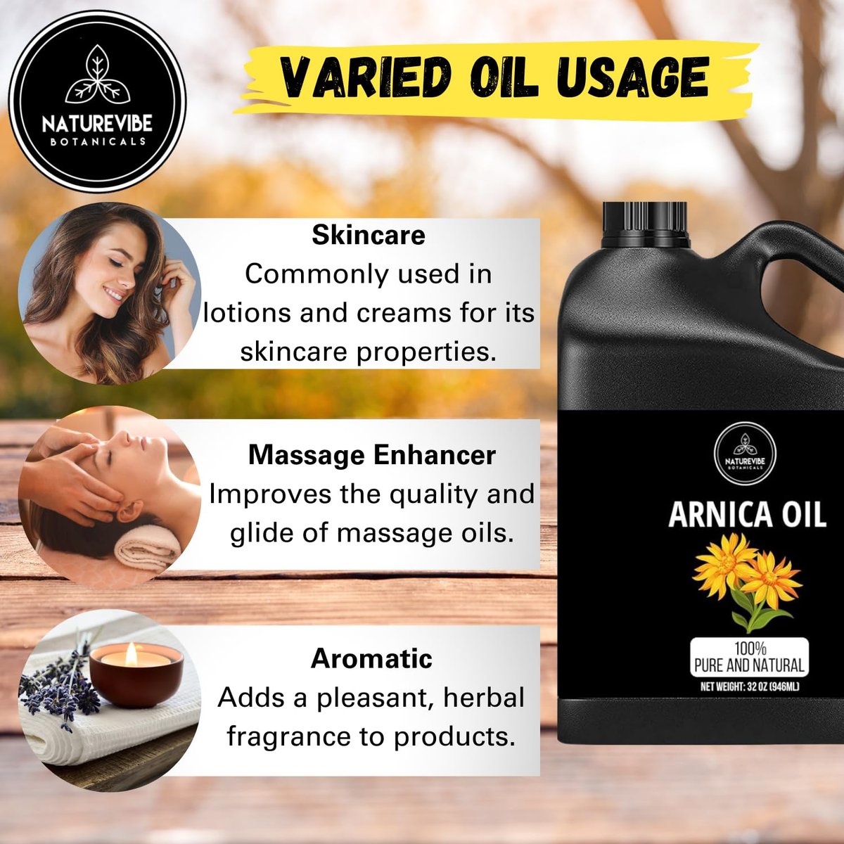 Naturevibe Botanicals Arnica Oil 32 oz - 100% Pure & Natural for Skin and Hair Care Avelisse