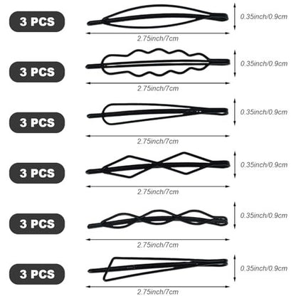 Naturahand 18 PCS Geometric Metal Hair Clips - 2.7 Inch Minimalist Hair Pins for Women and Girls, Wave Hair Barrettes for Wedding Dainty Styling Accessories (Black, 6 Styles)