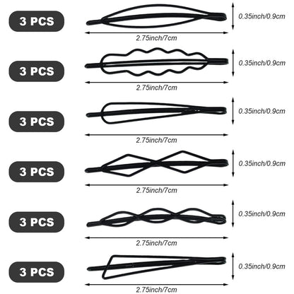 Naturahand 18 PCS Geometric Metal Hair Clips - 2.7 Inch Minimalist Hair Pins for Women and Girls, Wave Hair Barrettes for Wedding Dainty Styling Accessories (Black, 6 Styles)