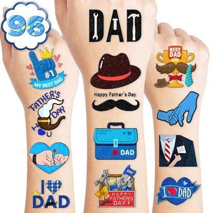 104 PCS Father's Day Party Decorations & Favors - Best Dad Ever Temporary Tattoos, Stickers & More for Dad Gift, School Prizes