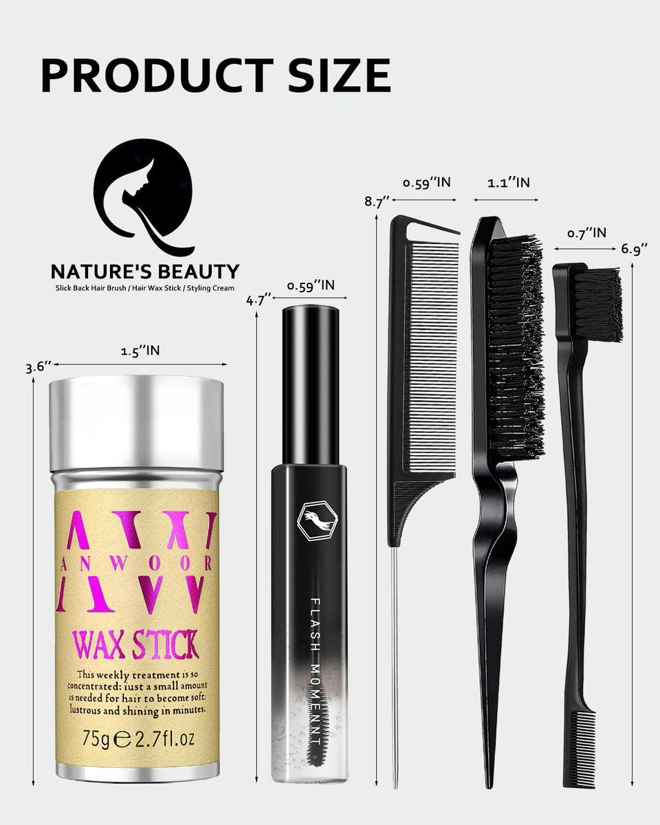 5-Piece Hair Styling Kit: Non-Greasy Hair Wax Stick, Flyaway Finishing Stick & 3 Slick Back Hair Brushes – Flyaways Control, Smooths Frizz & Defines Edges for Women, Kids & Men - görsel 17