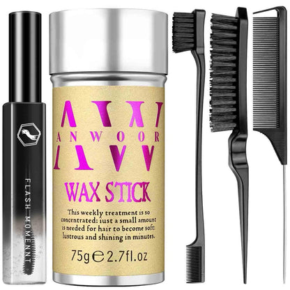 5-Piece Hair Styling Kit: Non-Greasy Hair Wax Stick, Flyaway Finishing Stick & 3 Slick Back Hair Brushes – Flyaways Control, Smooths Frizz & Defines Edges for Women, Kids & Men