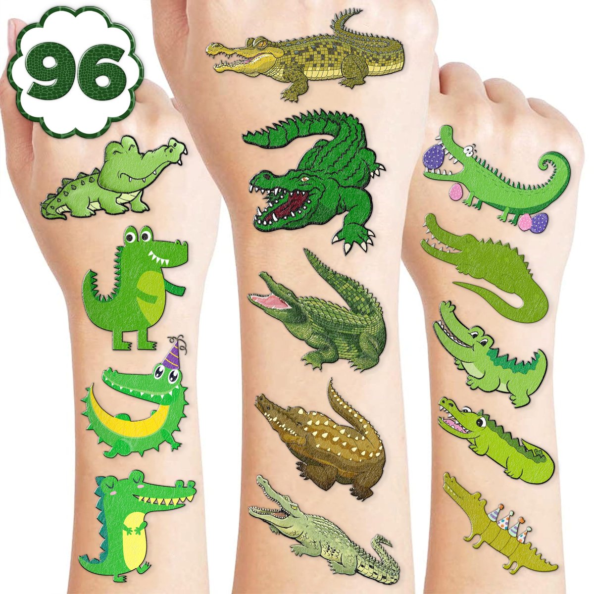 96 PCS Alligator Pre-Cut Temporary Tattoos for Kids – Birthday Party Favors, Animal Decor Stickers, School Prizes & Rewards - görsel 1