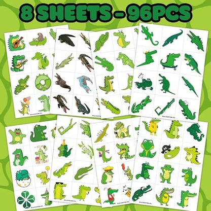 96 PCS Alligator Pre-Cut Temporary Tattoos for Kids – Birthday Party Favors, Animal Decor Stickers, School Prizes & Rewards
