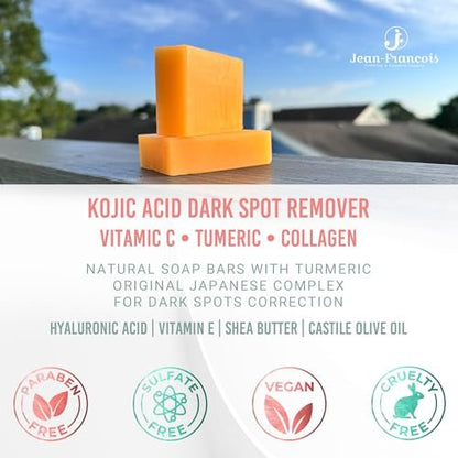 Jean-Francois Kojic Acid Dark Spot Remover Soap Bars with Vitamin C, Collagen, Turmeric - Original Japanese Complex with Hyaluronic Acid, Vitamin E, Shea Butter, Castile Olive Oil (2 Pack)