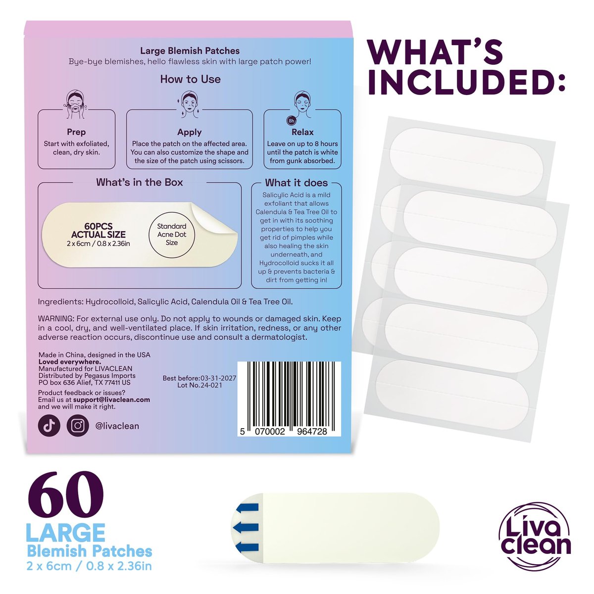 60CT Large Pimple Patches with Salicylic Acid, Tea Tree & Calendula Oil - Hydrocolloid Acne Patches for Face & Body - XL Blemish Patch for Chin, Nose, Forehead - LivaClean Avelisse