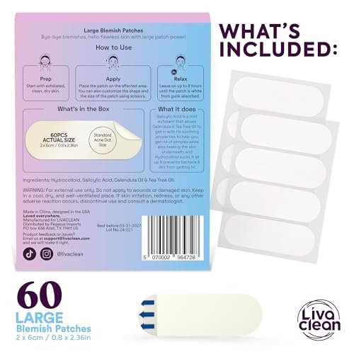 60CT Large Pimple Patches with Salicylic Acid, Tea Tree & Calendula Oil - Hydrocolloid Acne Patches for Face & Body - XL Blemish Patch for Chin, Nose, Forehead - LivaClean Avelisse