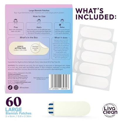 60CT Large Pimple Patches with Salicylic Acid, Tea Tree & Calendula Oil - Hydrocolloid Acne Patches for Face & Body - XL Blemish Patch for Chin, Nose, Forehead - LivaClean Avelisse