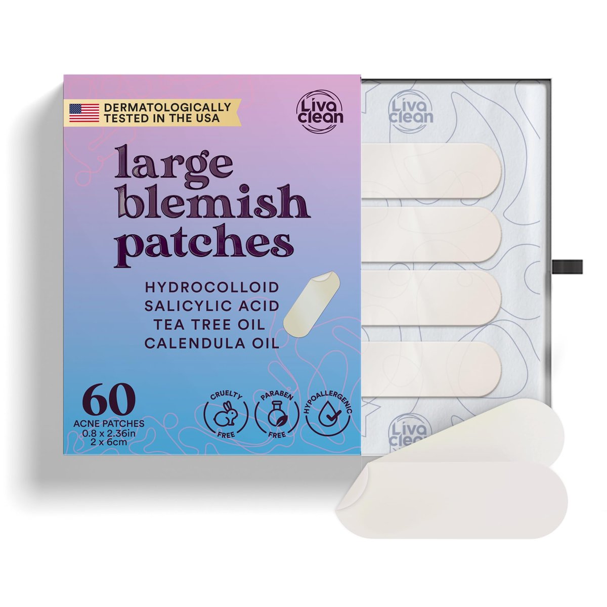 60CT Large Pimple Patches with Salicylic Acid, Tea Tree & Calendula Oil - Hydrocolloid Acne Patches for Face & Body - XL Blemish Patch for Chin, Nose, Forehead - LivaClean Avelisse
