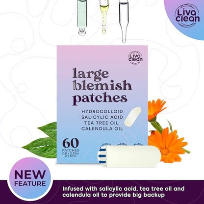 60CT Large Pimple Patches with Salicylic Acid, Tea Tree & Calendula Oil - Hydrocolloid Acne Patches for Face & Body - XL Blemish Patch for Chin, Nose, Forehead - LivaClean Avelisse