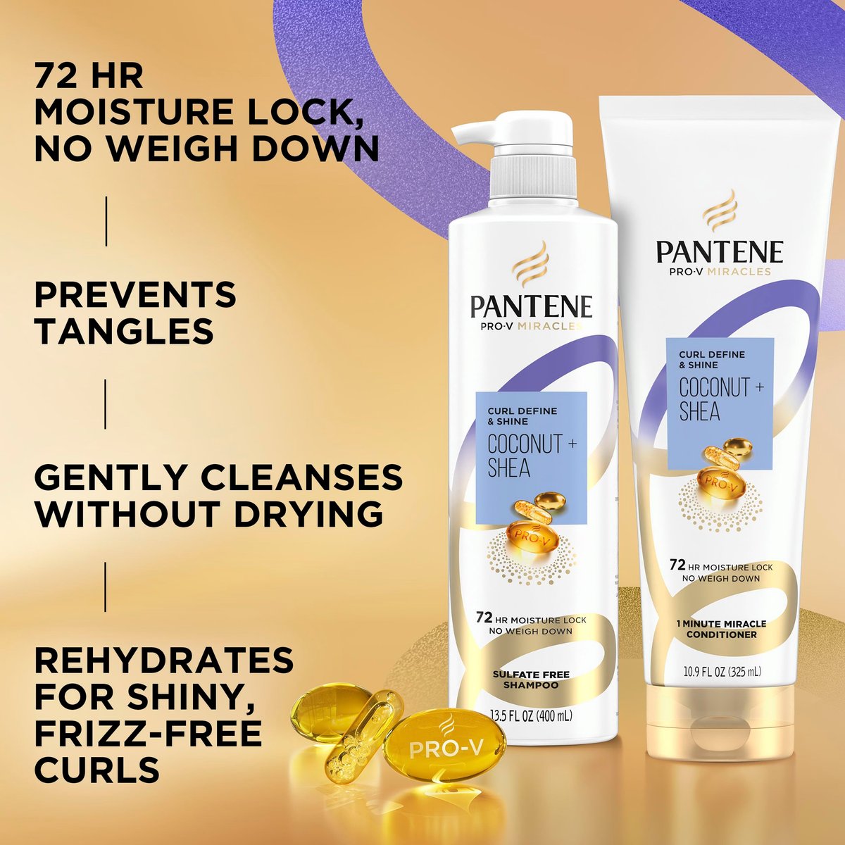 Pantene Pro-V Miracles Curl Define & Shine Coconut + Shea Sulfate-Free Shampoo 13.5 FL OZ Avelisse