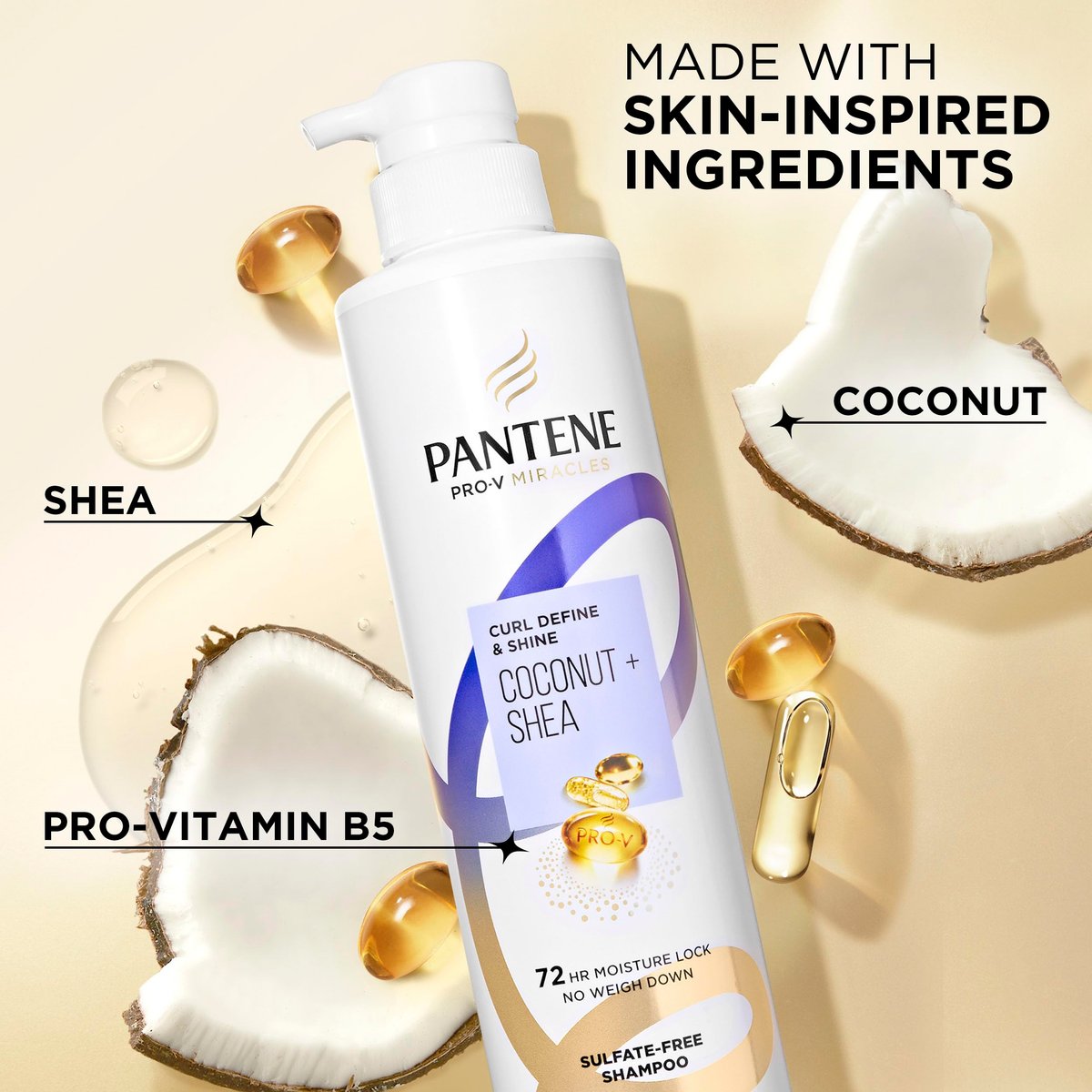 Pantene Pro-V Miracles Curl Define & Shine Coconut + Shea Sulfate-Free Shampoo 13.5 FL OZ Avelisse