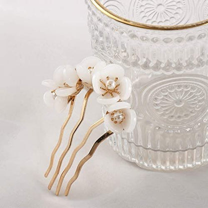 2pcs Chinese Flowers Hair Stick, Pearl U-shape Hairpin for Women, Traditional Classical Flower Hair Fork, Temperament Cheongsam Disk Hair Accessories