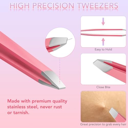 8-Piece Precision Tweezers Set for Facial Hair Removal – Stainless Steel Eyebrow Plucker Kit for Women & Men, Pink - görsel 8