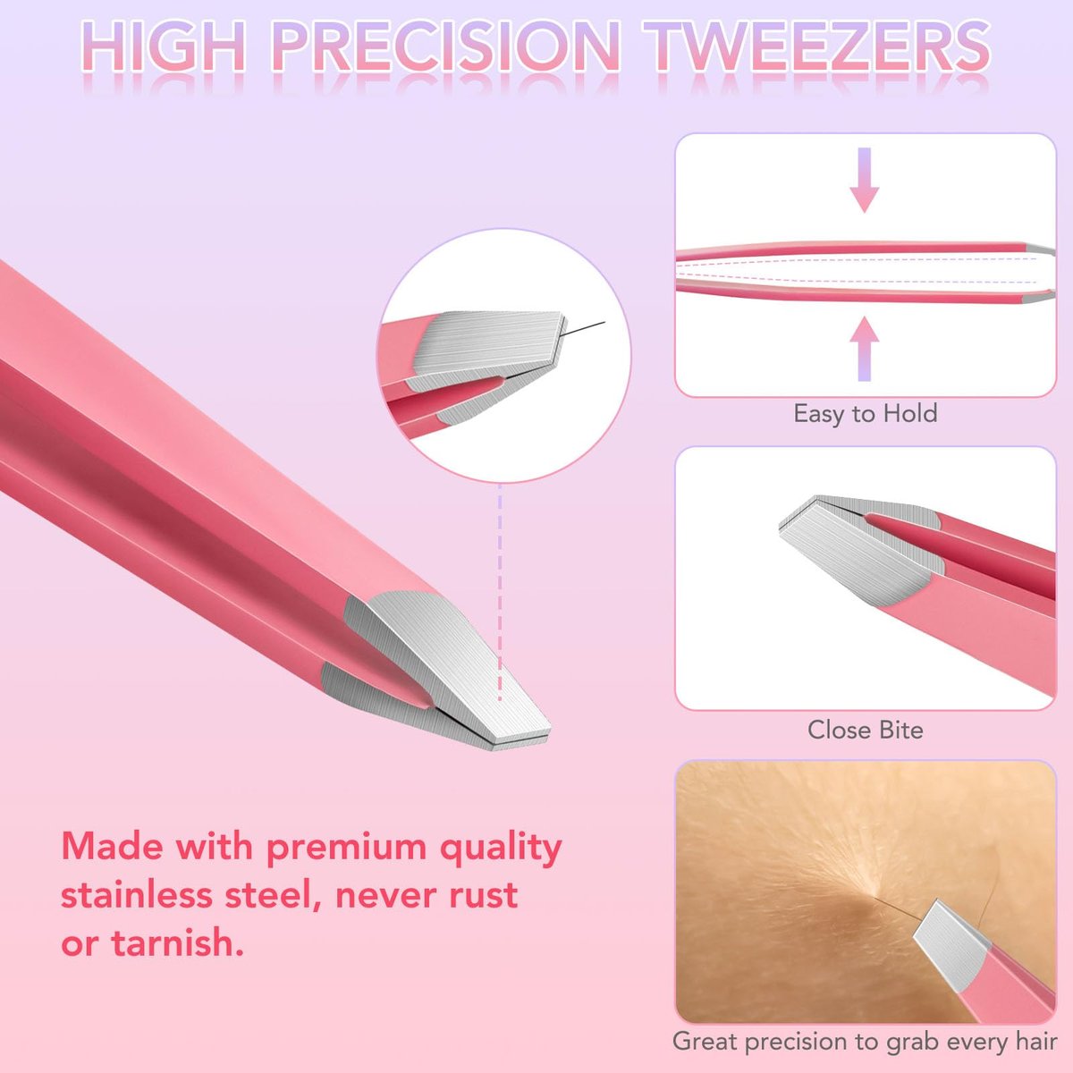 8-Piece Precision Tweezers Set for Facial Hair Removal – Stainless Steel Eyebrow Plucker Kit for Women & Men, Pink - görsel 7