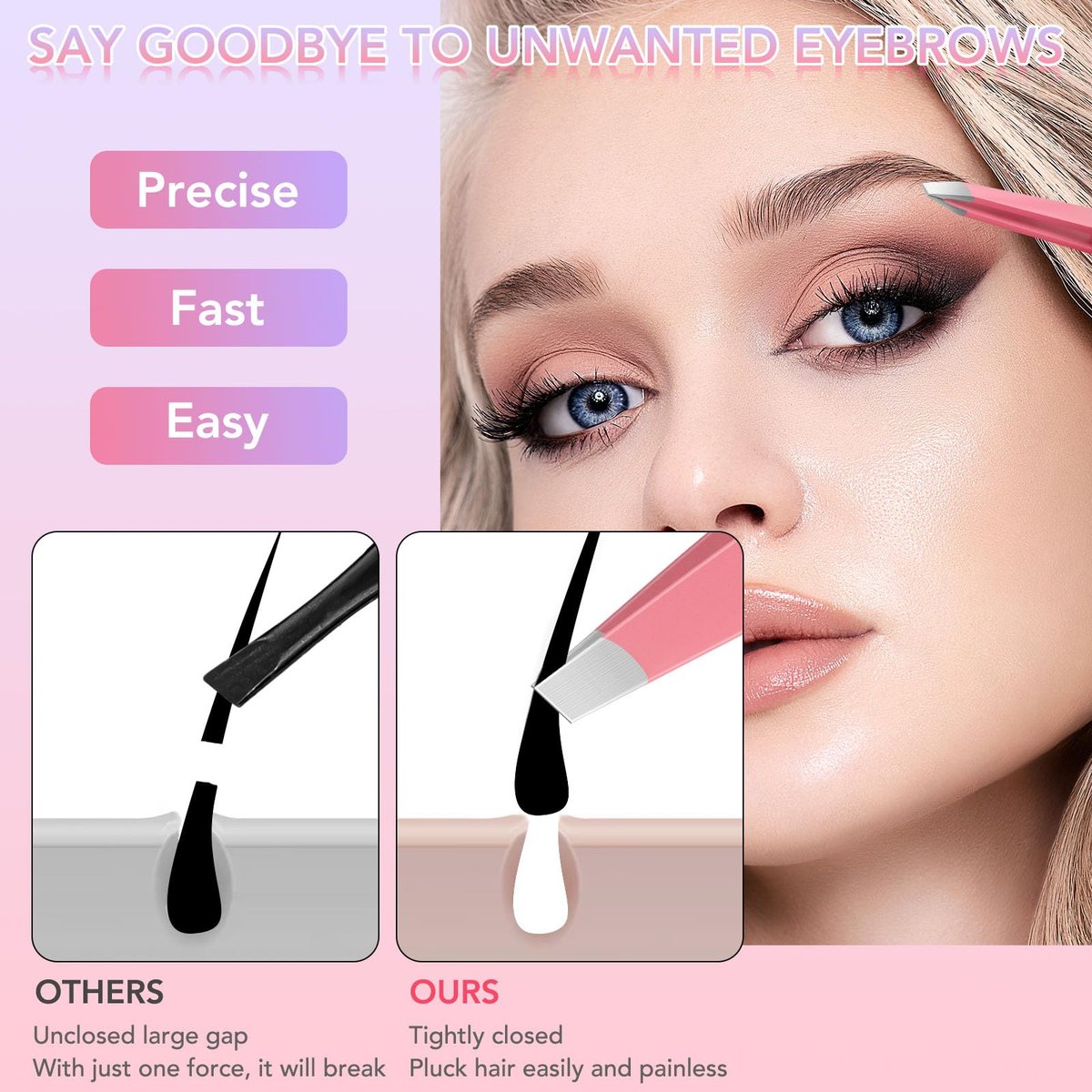 8-Piece Precision Tweezers Set for Facial Hair Removal – Stainless Steel Eyebrow Plucker Kit for Women & Men, Pink - görsel 5