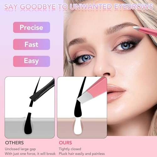 8-Piece Precision Tweezers Set for Facial Hair Removal – Stainless Steel Eyebrow Plucker Kit for Women & Men, Pink - görsel 6
