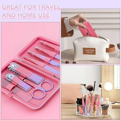 8-Piece Precision Tweezers Set for Facial Hair Removal – Stainless Steel Eyebrow Plucker Kit for Women & Men, Pink