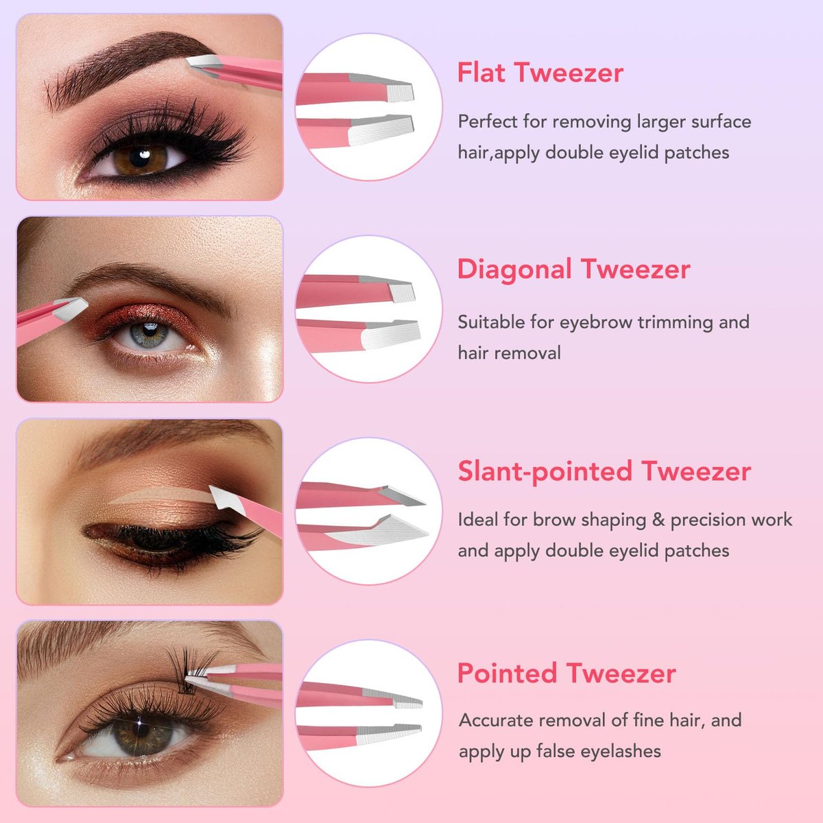 8-Piece Precision Tweezers Set for Facial Hair Removal – Stainless Steel Eyebrow Plucker Kit for Women & Men, Pink - görsel 3