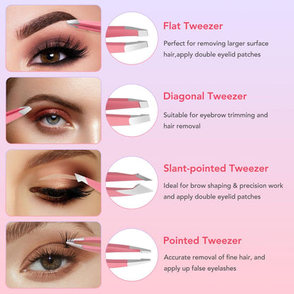 8-Piece Precision Tweezers Set for Facial Hair Removal – Stainless Steel Eyebrow Plucker Kit for Women & Men, Pink