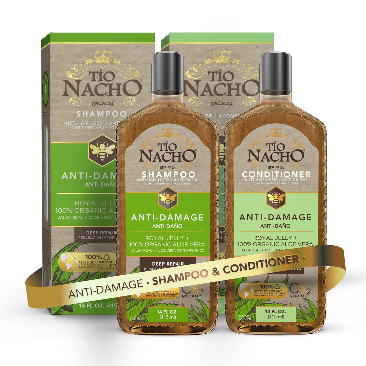 Tio Nacho Anti-Damage Shampoo & Conditioner Set with Aloe Vera & Royal Jelly, Deep Repair for Dry, Damaged Hair, Split Ends & Breakage, Keratin-Friendly Formula, 14 fl oz Each Avelisse