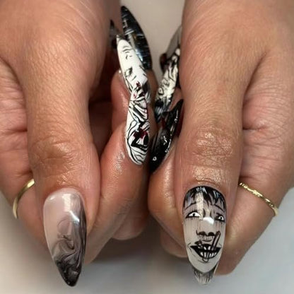 24Pcs Gothic Press on Nails Medium Almond Fake Nails - Punk Cartoon Anime Design Black White Full Cover Glue on Nails Horror Gothic French False Nails for Women Girls Acrylic Manicure Decor