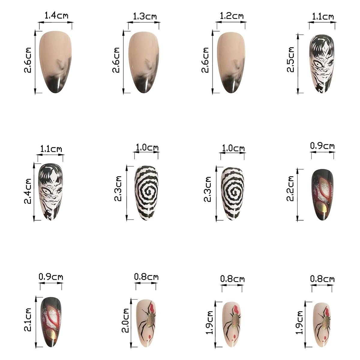 24Pcs Gothic Press on Nails Medium Almond Fake Nails - Punk Cartoon Anime Design Black White Full Cover Glue on Nails Horror Gothic French False Nails for Women Girls Acrylic Manicure Decor - görsel 9