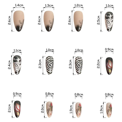 24Pcs Gothic Press on Nails Medium Almond Fake Nails - Punk Cartoon Anime Design Black White Full Cover Glue on Nails Horror Gothic French False Nails for Women Girls Acrylic Manicure Decor