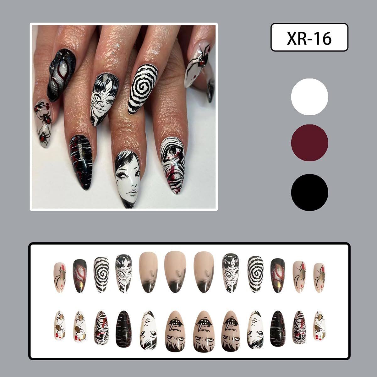 24Pcs Gothic Press on Nails Medium Almond Fake Nails - Punk Cartoon Anime Design Black White Full Cover Glue on Nails Horror Gothic French False Nails for Women Girls Acrylic Manicure Decor - görsel 5