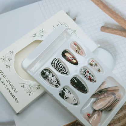24Pcs Gothic Press on Nails Medium Almond Fake Nails - Punk Cartoon Anime Design Black White Full Cover Glue on Nails Horror Gothic French False Nails for Women Girls Acrylic Manicure Decor