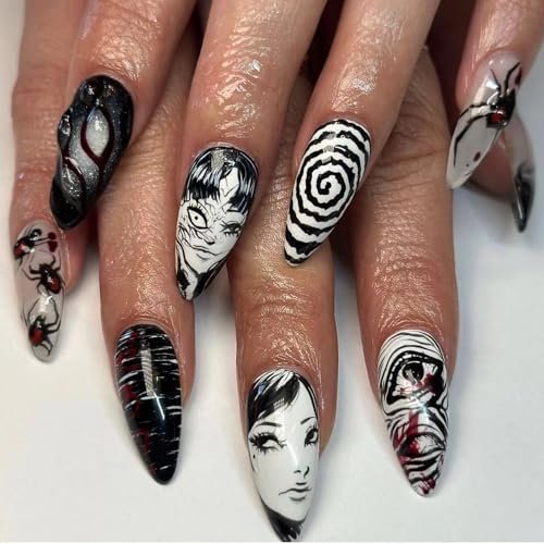 24Pcs Gothic Press on Nails Medium Almond Fake Nails - Punk Cartoon Anime Design Black White Full Cover Glue on Nails Horror Gothic French False Nails for Women Girls Acrylic Manicure Decor - görsel 2