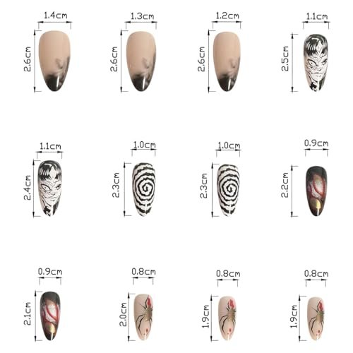 24Pcs Gothic Press on Nails Medium Almond Fake Nails - Punk Cartoon Anime Design Black White Full Cover Glue on Nails Horror Gothic French False Nails for Women Girls Acrylic Manicure Decor - görsel 10