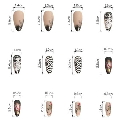 24Pcs Gothic Press on Nails Medium Almond Fake Nails - Punk Cartoon Anime Design Black White Full Cover Glue on Nails Horror Gothic French False Nails for Women Girls Acrylic Manicure Decor