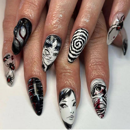 24Pcs Gothic Press on Nails Medium Almond Fake Nails - Punk Cartoon Anime Design Black White Full Cover Glue on Nails Horror Gothic French False Nails for Women Girls Acrylic Manicure Decor