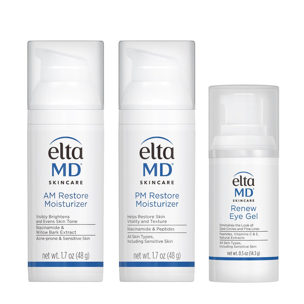 EltaMD Morning and Night Skin Care Kit: AM Restore, PM Restore Facial Moisturizers & Anti-Aging Renew Eye Gel Avelisse