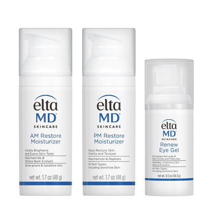 EltaMD Morning and Night Skin Care Kit: AM Restore, PM Restore Facial Moisturizers & Anti-Aging Renew Eye Gel Avelisse