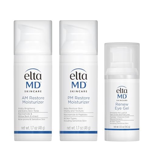 EltaMD Morning and Night Skin Care Kit: AM Restore, PM Restore Facial Moisturizers & Anti-Aging Renew Eye Gel Avelisse