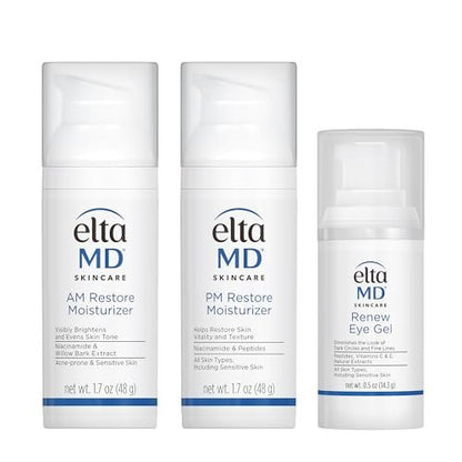 EltaMD Morning and Night Skin Care Kit: AM Restore, PM Restore Facial Moisturizers & Anti-Aging Renew Eye Gel Avelisse