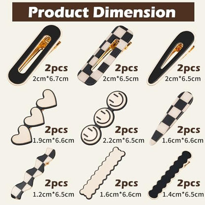Gingbiss 18 Pcs Hair Clips for Women Girls - Black White Checker Cute Hair Barrettes with Storage Box, No Bend Korean Styling Minimalist Hair Accessories