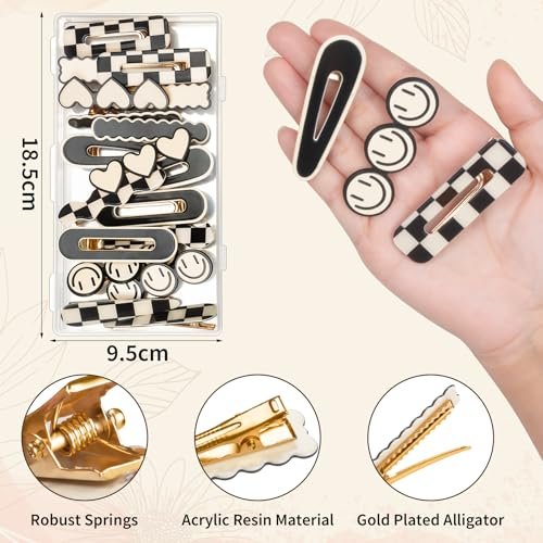 Gingbiss 18 Pcs Hair Clips for Women Girls - Black White Checker Cute Hair Barrettes with Storage Box, No Bend Korean Styling Minimalist Hair Accessories - görsel 6