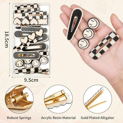 Gingbiss 18 Pcs Hair Clips for Women Girls - Black White Checker Cute Hair Barrettes with Storage Box, No Bend Korean Styling Minimalist Hair Accessories