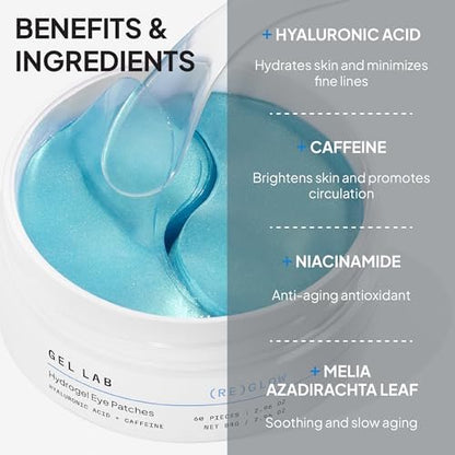 Gel Lab REGLOW Hyaluronic Acid & Caffeine Korean Skincare Eye Patches - Hydrating Under Eye Mask for Puffy Eyes, Dark Circles, and Wrinkles (60 Patches) Avelisse